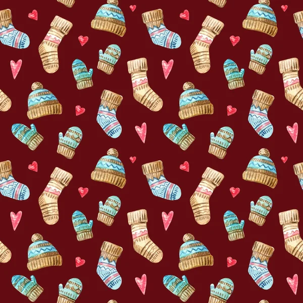 Christmas Watercolor seamless pattern with hearts, hats and socks. Watercolor isolated winter illustration — Stock Photo, Image