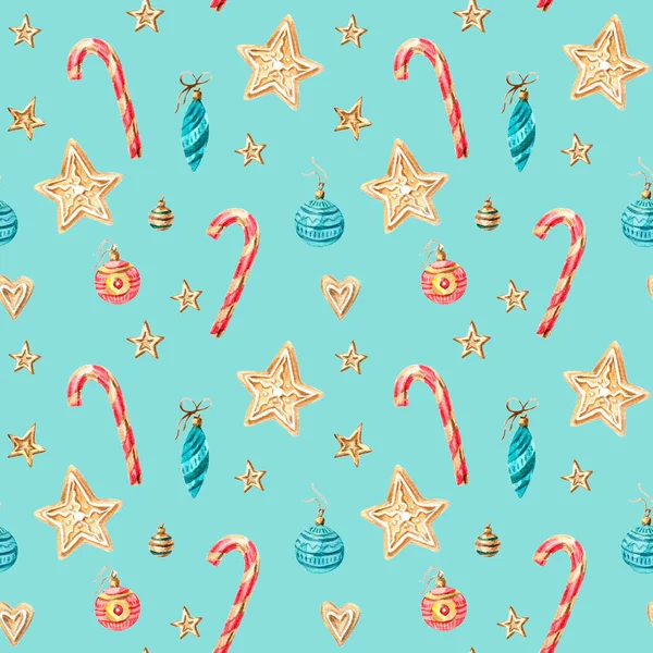 Patrón sin costura de la acuarela de Navidad con caramelos, cukies, estrellas, decoraciones. Acuarela aislada ilustración de invierno - stock año nuevo . —  Fotos de Stock