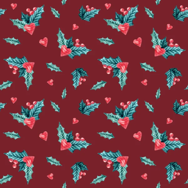Patrón sin costuras de acuarela de Navidad con corazones, muérdago, sobre fondo rojo. Acuarela aislada ilustración invierno —  Fotos de Stock