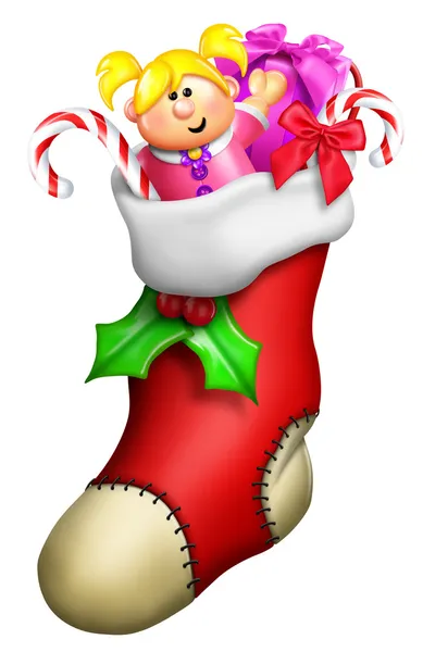 Cartoon Christmas Stocking for Girl with Toys — Stock Photo, Image