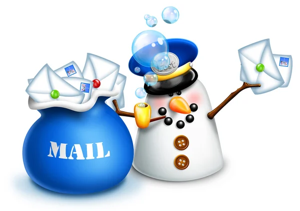 Whimsical Snowman Mailman with Letters and mail bag — Stock Photo, Image