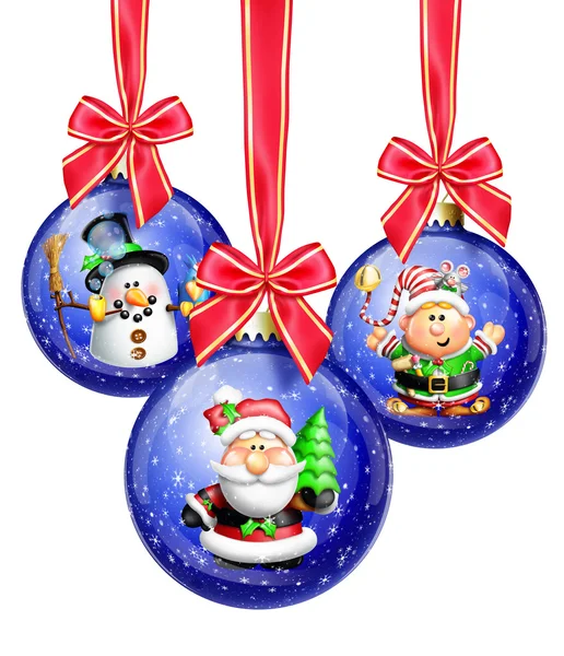 Whimsical Cartoon Christmas Balls with Santa, Snowman and Elf Royalty Free Stock Images