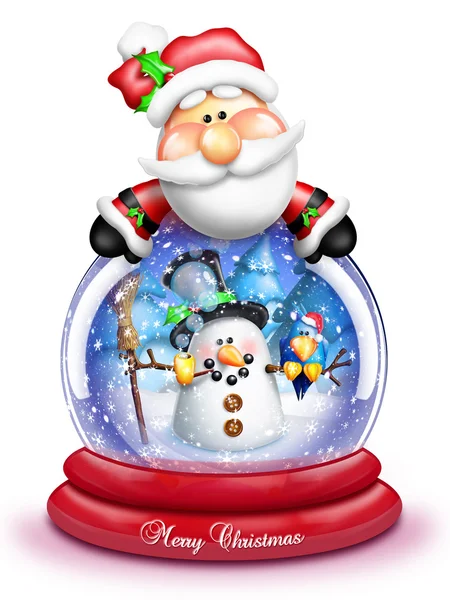 Caprichoso de dibujos animados de Santa inclinación sobre el globo de nieve Imagen de stock