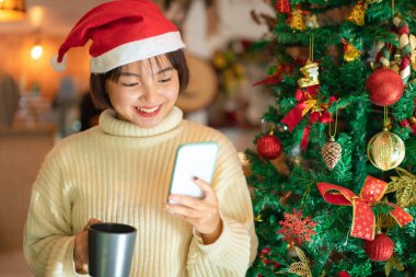 Noel Baba şapkalı güzel bir kadın elinde kahve fincanı tutarken ve arkadaşlarıyla mutlu bir Noel 'den mutlu bir Noel' e kadar sohbet ederken aynı zamanda evde oturup Noel Baba 'nın içkileriyle oturuyor.