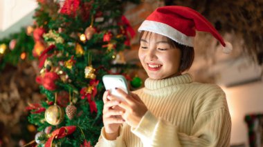 Noel Baba şapkalı güzel bir kadın elinde kahve fincanı tutarken ve arkadaşlarıyla mutlu bir Noel 'den mutlu bir Noel' e kadar sohbet ederken aynı zamanda evde oturup Noel Baba 'nın içkileriyle oturuyor.