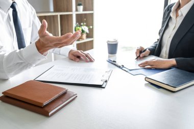 İş adamı, iş görüşmesi sırasında komite başkanına profilini açıklıyor. İş görüşmesi ve işe alım..