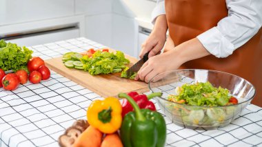 Asyalı ev hanımı, önlük giyerken sebze salatası malzemelerini hazırlamak ve evdeki mutfakta sağlıklı yemek pişirmek için marul dilimlemek için bıçak kullanıyor.