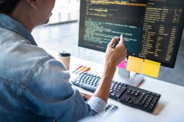 Şirket, kodlar ve yazma veri kodu, HTML, PHP ve javascript ile programlama geliştiren bir yazılım üzerinde çalışan ve işbirliği yapan iki profesyonel programcı.