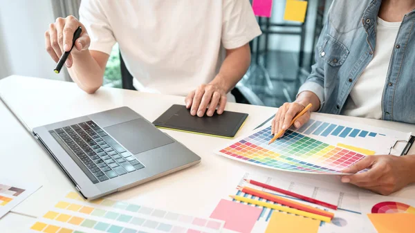 Two Creative Graphic Designer Team Working Color Selection Drawing Graphic — Stock Photo, Image