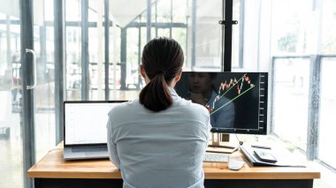 İş kadını yatırımcı, bir borsada sunulan verileri ekranda göstererek grafik verilerini planlayıp analiz ediyor..