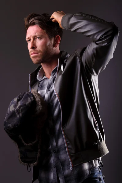 Handsome man in leather jacket — Stock Photo, Image