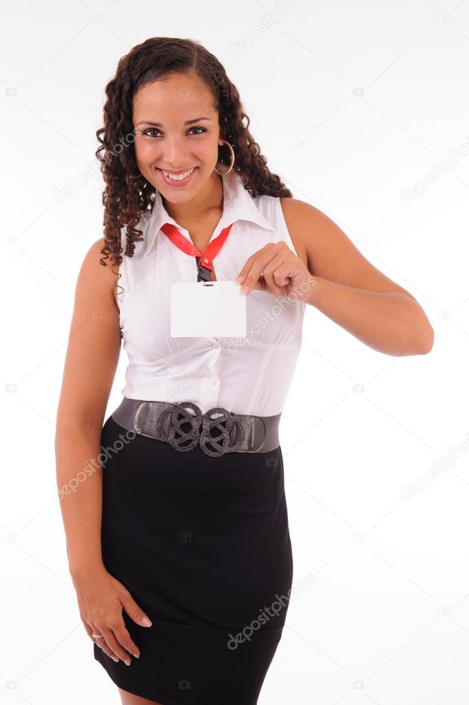hostess showing her badge