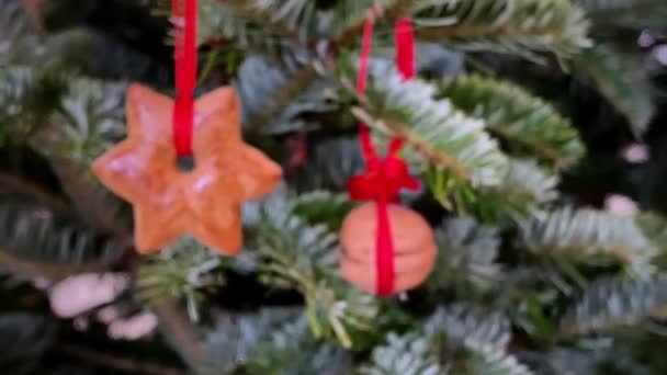 Hemlagad jul dekoration gjord av pepparkakor hänger på rött band. — Stockvideo
