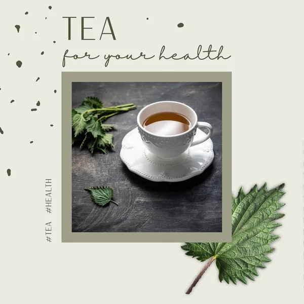 Nettle tea for health. Mockup with cup of tea and nettle leaves, dark background — Fotografia de Stock