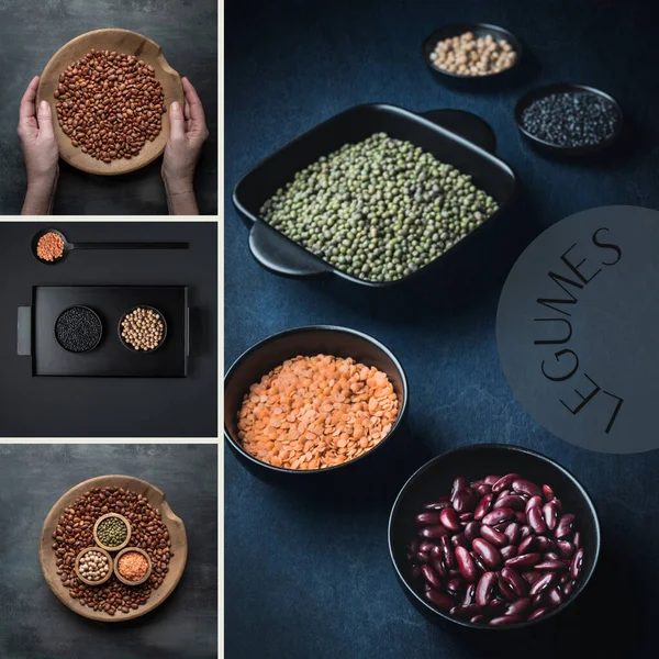 Legumes. Collage of four images. Various dried legumes. Social media post. — ストック写真
