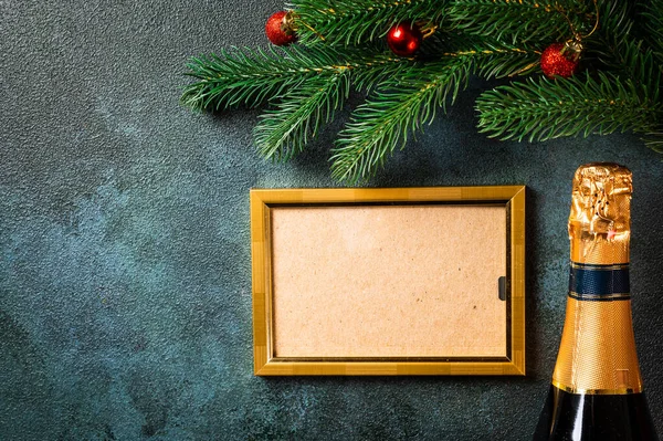 Karácsonyi Képkeret Gúnyolódni Sablont Dekoráció Sötét Háttérrel Kilátás Fentről Újévi — Stock Fotó
