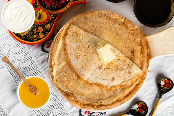 Shrovetide Maslenitsa Festival Russian Pancakes Blini Pancakes Honey Jam Russian — Stock Photo, Image