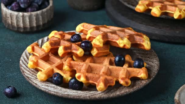 Yaban Mersinli Belçika Wafflelarının Üzerine Bal Dök Tatlı Kahvaltı Tatlı — Stok video