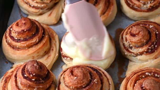 Giet glazuur op vers gebakken kaneelbroodjes of kaneel van dichtbij. Zoete roomkaas glazuur gieten op kaneelbroodjes. Productie van kaneelbroodjes. Bakkerijproducten. Lekkere kaneelbroodjes — Stockvideo