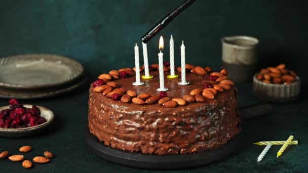 Czekoladowy tort urodzinowy ze świecami. Imprezowe ciasto. Zapal świece. Pomyśl życzenie. Wszystkiego najlepszego. Ciasto czekoladowe. Urodziny — Wideo stockowe
