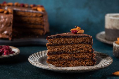 Chocolate Austrian dessert Sacher with apricot jam and nuts. Traditional austrian dessert. Sacher cake. Chocolate cake with jam.