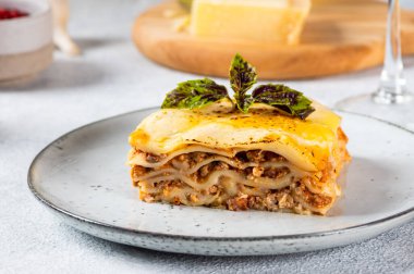 Hafif arka planda lezzetli bir lazanya parçası. Geleneksel İtalyan lazanyası. İtalyan yemeği. Lazanyayı kapat. Bolonez sosu. Sos haline geldi. Hala yiyecek dolu bir hayat. Ev yapımı et lazanyası..