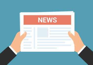 Yönetici ya da işadamı el ele tutuşan gazetenin düz tasarım çizimi kırmızı afiş ve manşet ve haber okuma - vektör