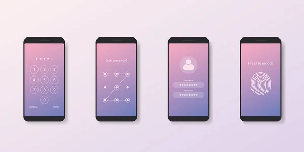 携帯電話のロックを解除し ログイン画面のセット 指紋と数字コード パスワード ユーザー名 ベクター — ストックベクタ