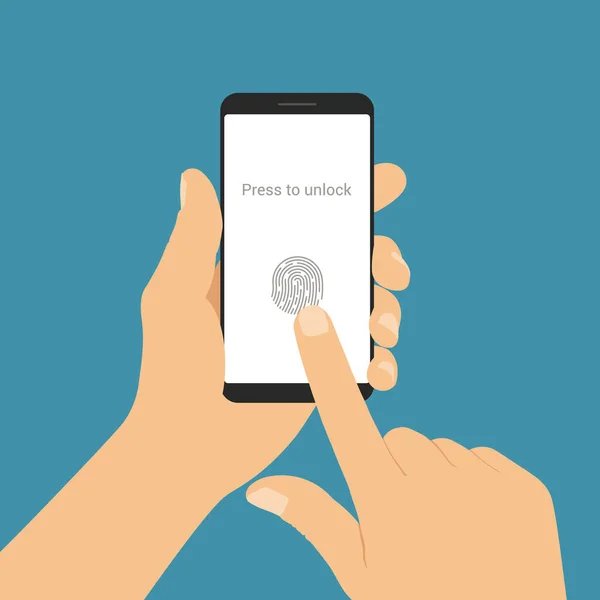 男性手持智能手机的平面设计说明 带指纹矢量的解锁触摸屏 — 图库矢量图片