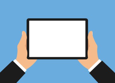 Tabletli yönetici ya da iş adamının düz tasarım çizimi. Resim ve metin için boşluk içeren boş bir beyaz dokunmatik ekran gösterir - vektör