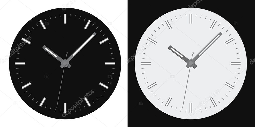 Flat design illustration of a clock face with minute, hour and second hands. Collection of white and black colors - vector