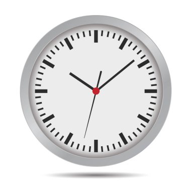Flat design illustration of a bright wall clock. Round dial with minute, hour and second hands and red center - vector
