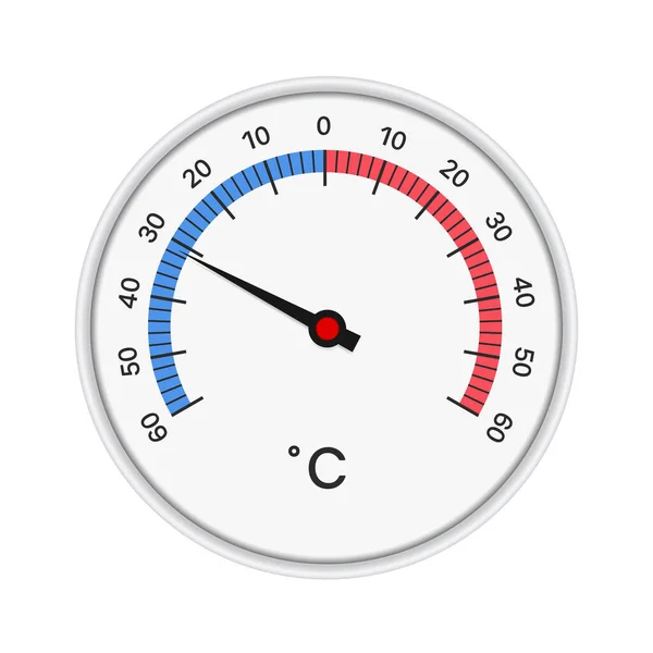 白いプラスチック製の円形フレームを持つ円形温度計の現実的なイラスト 赤と青の色の温度とスケールを測定するための矢印 ベクトル — ストックベクタ
