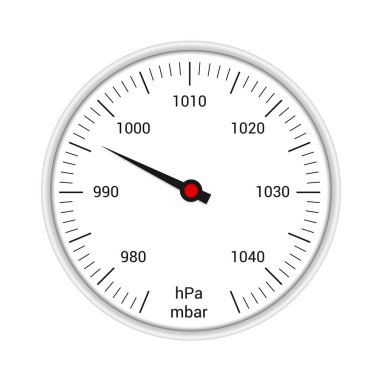 Beyaz plastik dairesel çerçeveli yuvarlak bir barometrenin gerçekçi bir çizimi. Basınç ölçümü ve sayılı ölçek için ok - vektör