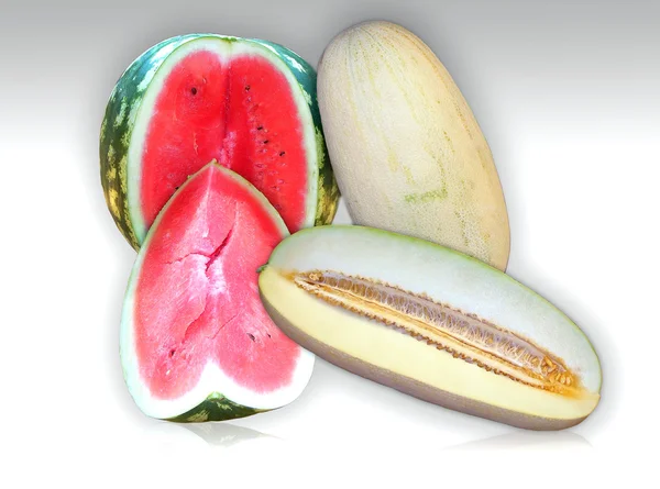 Meloun a meloun nakrájíme na bílém pozadí — Stock fotografie