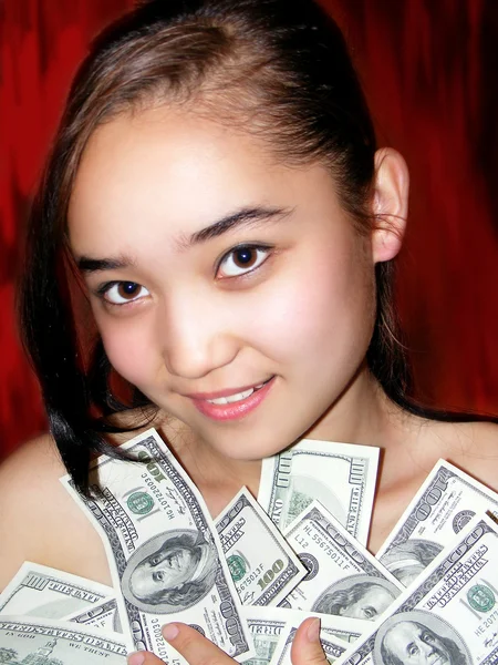 Portret van het meisje met dollar — Stockfoto
