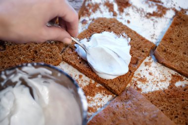 Evde bal keki pişirme süreci. Kek katmanlarını kremayla kaplayan kişi
