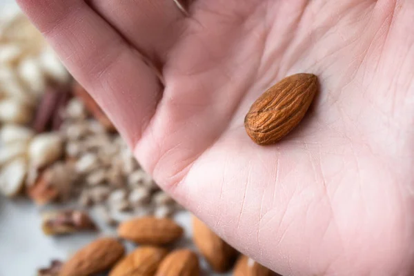 Almond Kernel Palm Close Macro Nuts Mix Blurred Background — Stock Photo, Image