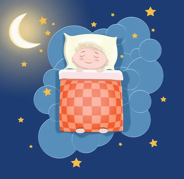 Sweet Little Boy Sleeping Bed Space Moon Stars Cloudlet Him —  Fotos de Stock