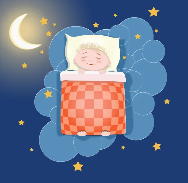 甘い小さな男の子がベッドの中で寝ている 彼の後ろに月 星と雲のスペースがあります 正方形 ストック写真