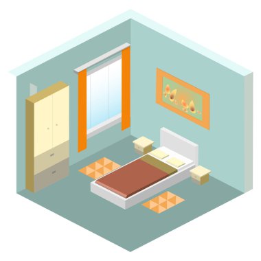 Yatak odası izometrik modeli: yatak, gardırop, pencere, komodin, boya, halı