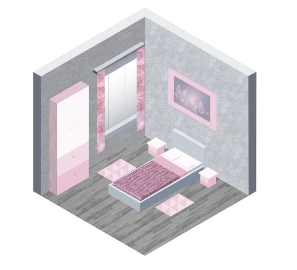 Schlafzimmer Isometrisches Modell Mit Duo Farbe Flieder Und Grau Bett — Stockfoto