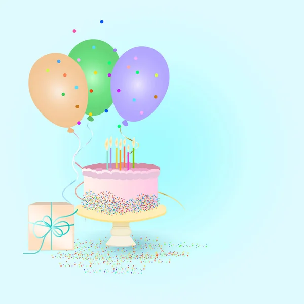 Glückwunschkarte Mit Hellblauem Hintergrund Kuchen Kerzen Luftballons Geschenk Serpentin — Stockfoto