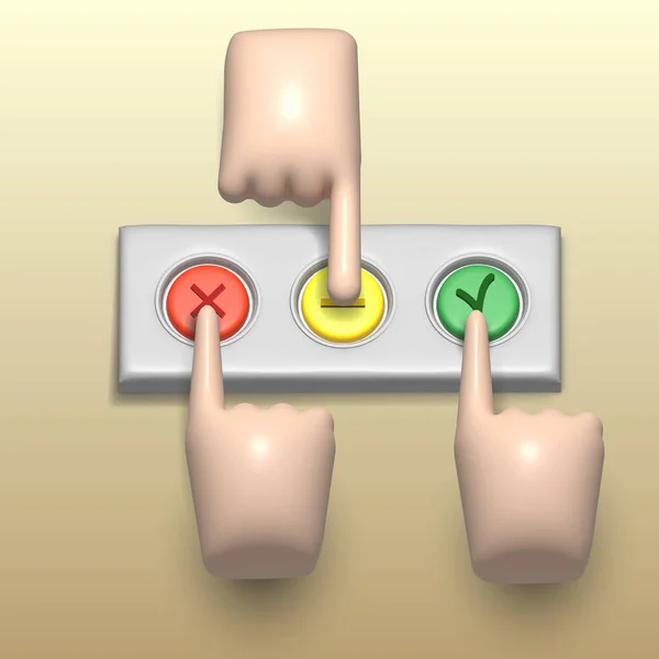 アクションとは異なるサインのボタンを持つパネル 指は各ボタンを押します 正方形のフォーマット 上の図 — ストック写真