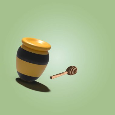 Bir kavanoz bal 3D, üzerinde bal çubuğu ve yeşil arka plan. Kare biçimi