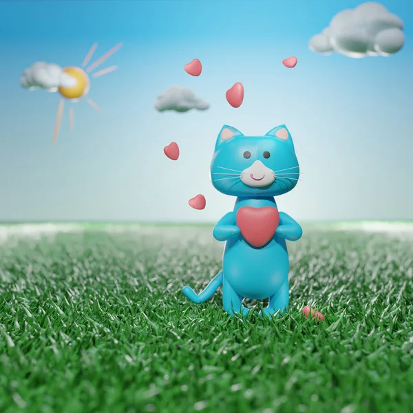 Hellblaue Katze Mit Herzen Gras Unter Freiem Himmel Charaktererstellung Blender — Stockfoto