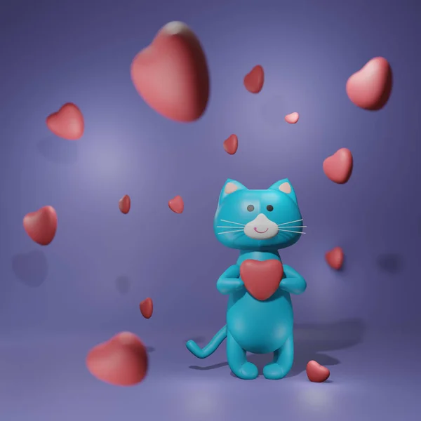 Light-blue cat 3D character with hearts on lilac background. 3D character making in Blender