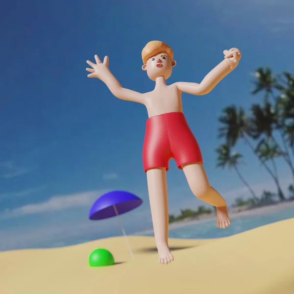 Model Made Blender Man Jumping Beach Dressed Red Shorts — Stock Photo, Image