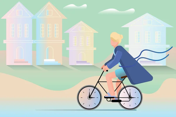 A woman hurries to work on a bicycle, she is dressed in a dressing gown and slippers. Flat illustration.