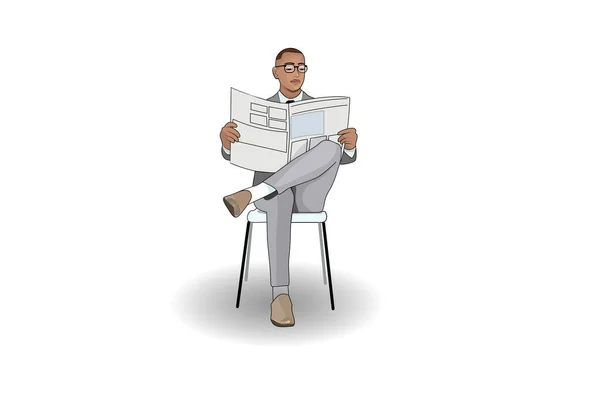 Vector picture. A man in suit and glasses is sitting on a chair and reading a newspaper in the center of the scene. Isolated on white background